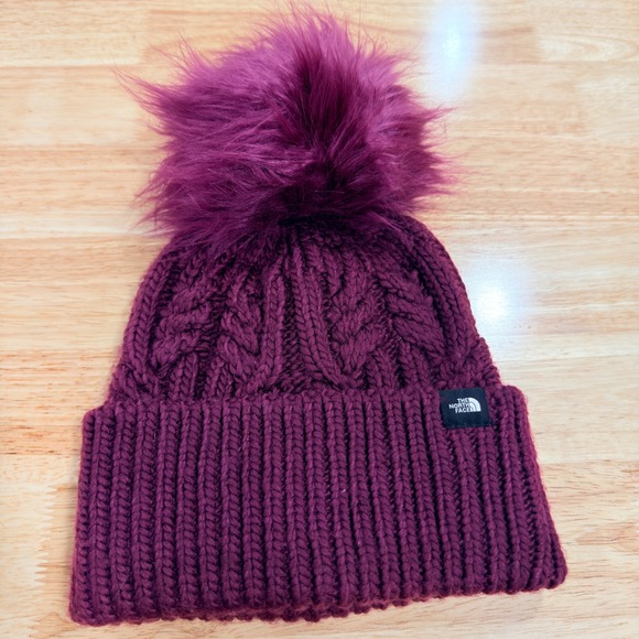 The North Face Other - The North Face Beanie Kids One Size Burgundy Cable Knit Faux Fur Pom PomHat
